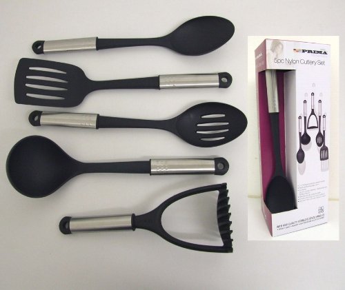 5 Piece Nylon Black Kitchen UTENCIL Tool Set LADLE Masher Spoon Slotted Turner