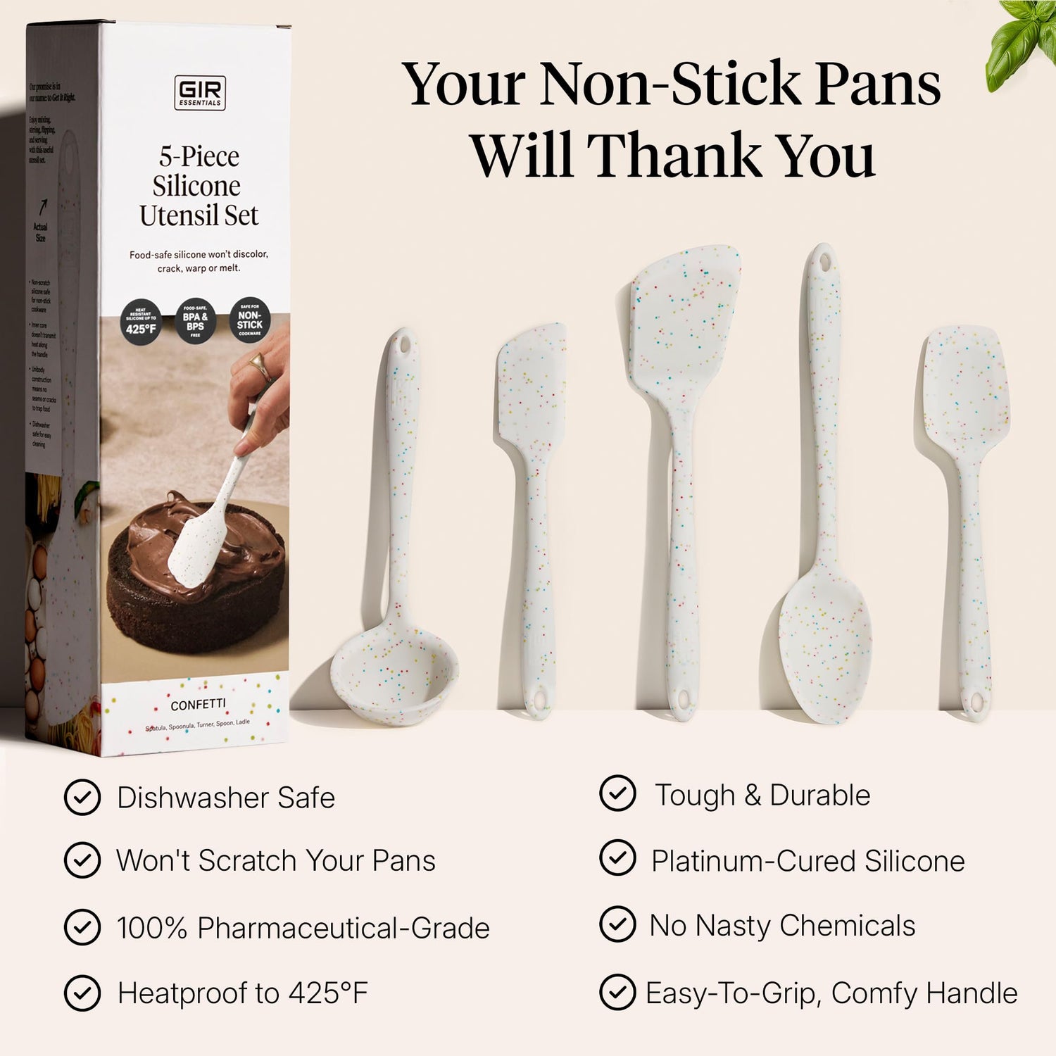 GIR: Get It Right 5-Piece Silicone Essentials Kitchen Utensils Set - Ladle, Spatula, Flip, Spoon & Spoonula - Non-Toxic Cooking Utensils for Nonstick Cookware, Cooking and Baking - Party Confetti