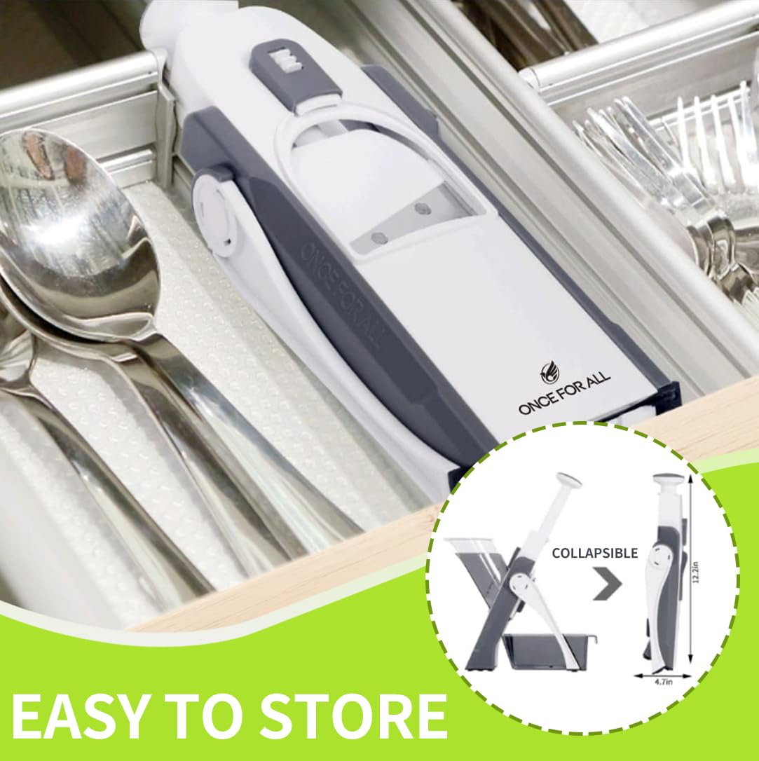 ONCE FOR ALL Safe Mandoline Slicer 5 in 1 Vegetable Chopper Food Potato Cutter, Strips Julienne Dicer Adjustable Thickness 0.1-8 mm Kitchen Chopping Artifact Fast Meal Prep (Gray)