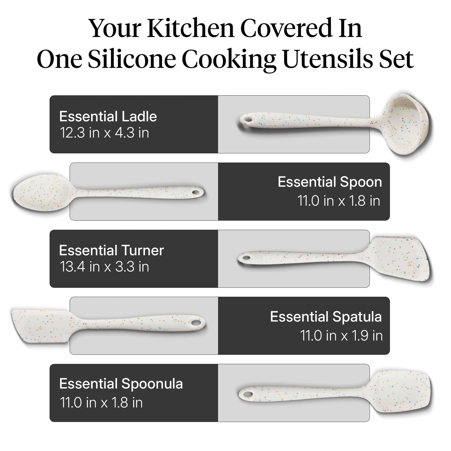 GIR: Get It Right 5-Piece Silicone Essentials Kitchen Utensils Set - Ladle, Spatula, Flip, Spoon & Spoonula - Non-Toxic Cooking Utensils for Nonstick Cookware, Cooking and Baking - Party Confetti