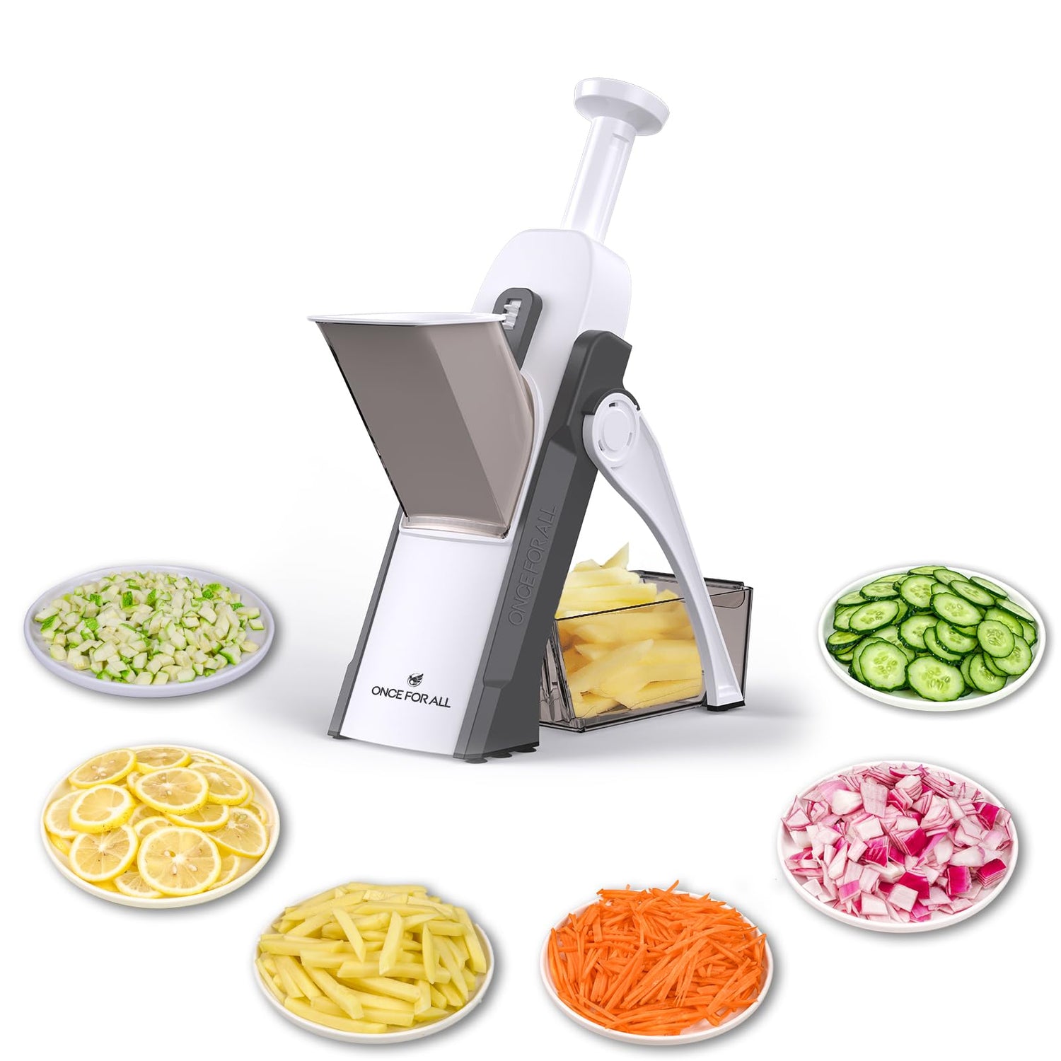 ONCE FOR ALL Safe Mandoline Slicer 5 in 1 Vegetable Chopper Food Potato Cutter, Strips Julienne Dicer Adjustable Thickness 0.1-8 mm Kitchen Chopping Artifact Fast Meal Prep (Gray)
