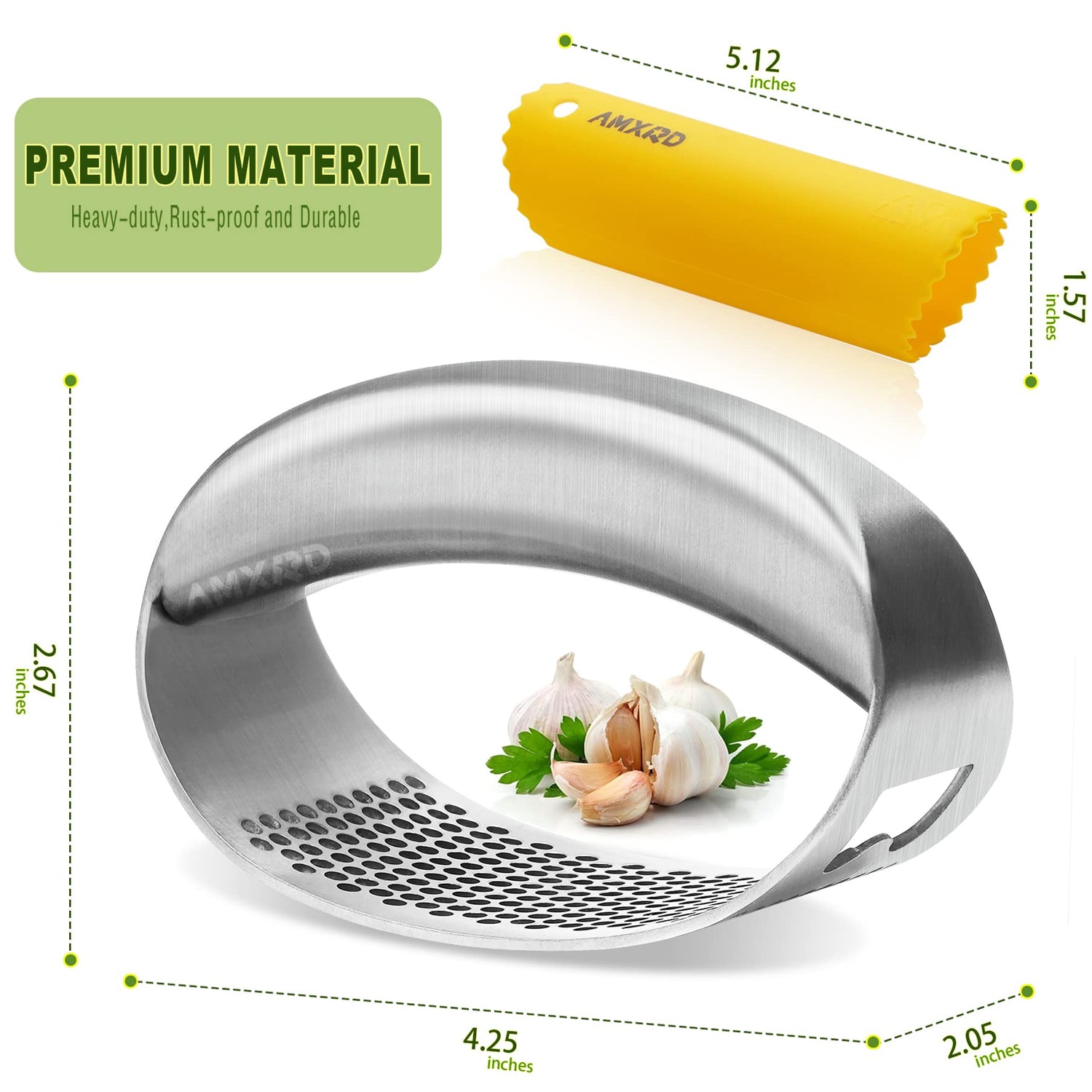 Garlic Press Rocker & Silicone Peeler, Stainless Steel Garlic Mincer Crusher Squeezer Kitchen Tool