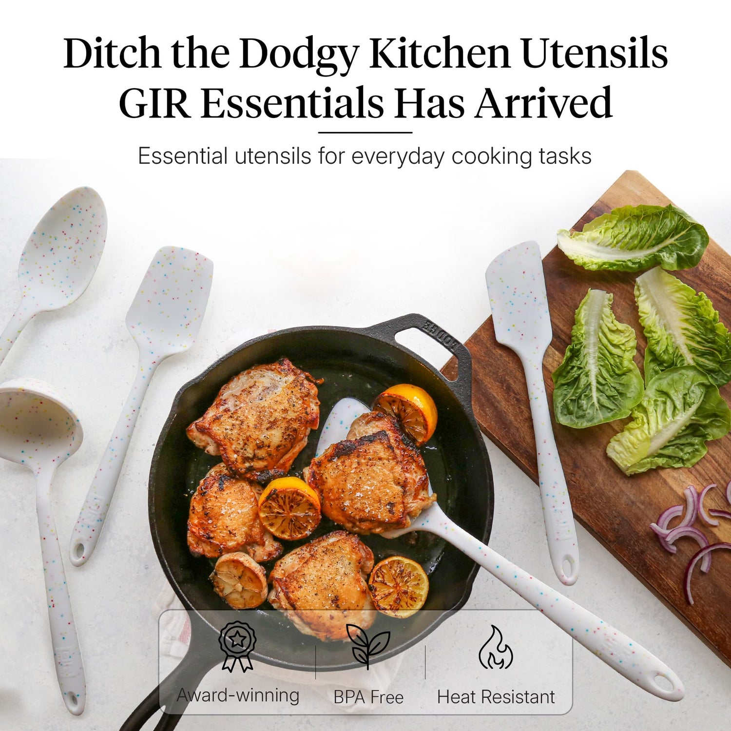 GIR: Get It Right 5-Piece Silicone Essentials Kitchen Utensils Set - Ladle, Spatula, Flip, Spoon & Spoonula - Non-Toxic Cooking Utensils for Nonstick Cookware, Cooking and Baking - Party Confetti