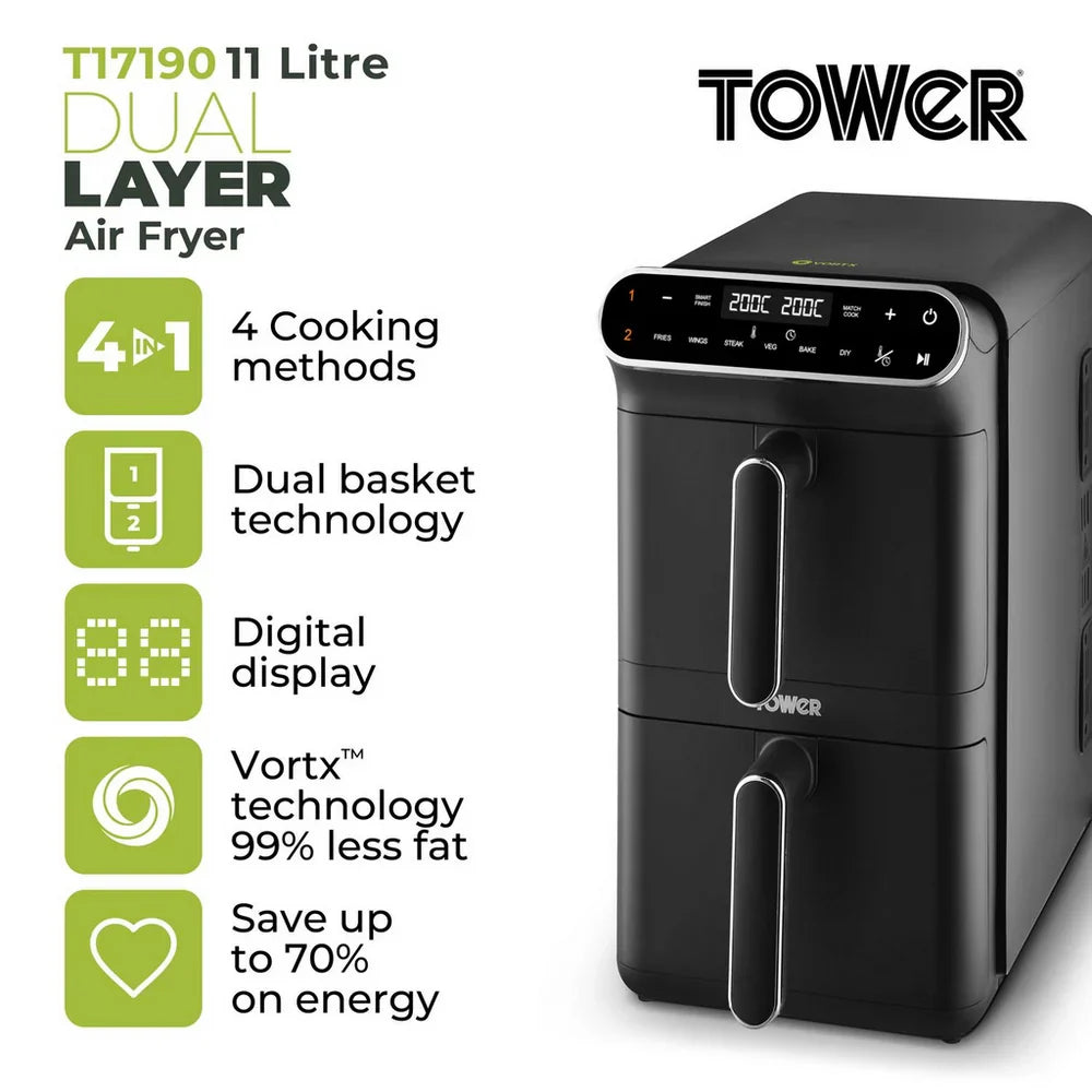 Tower T17190 Vortx 11L Dual Layer Air Fryer - Black with Chrome Trim